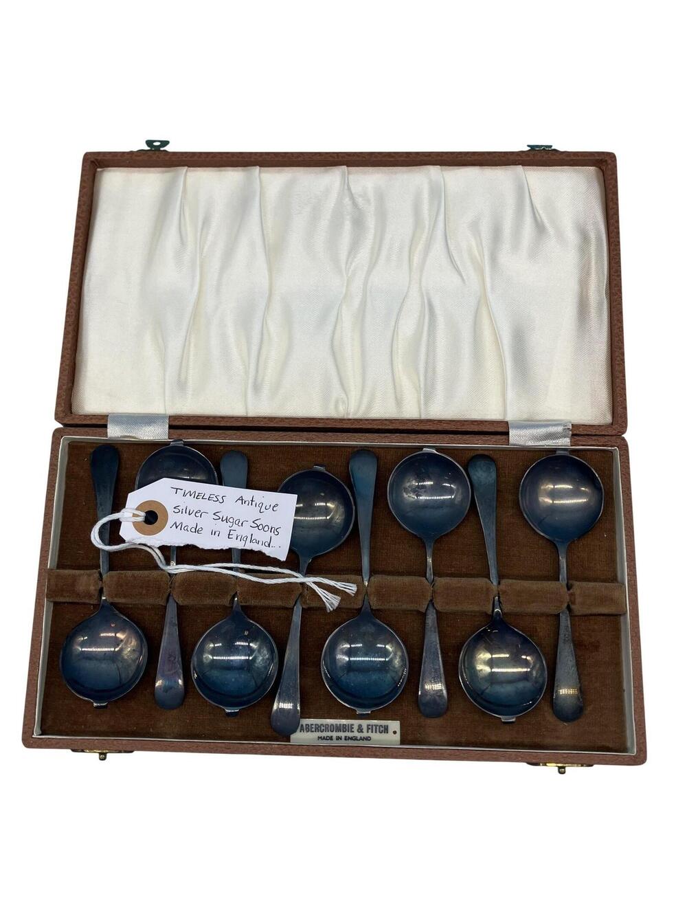 Vintage Abercrombie & Fitch Co Silver Plated Sugar Spoons Set Of 8 Case England
